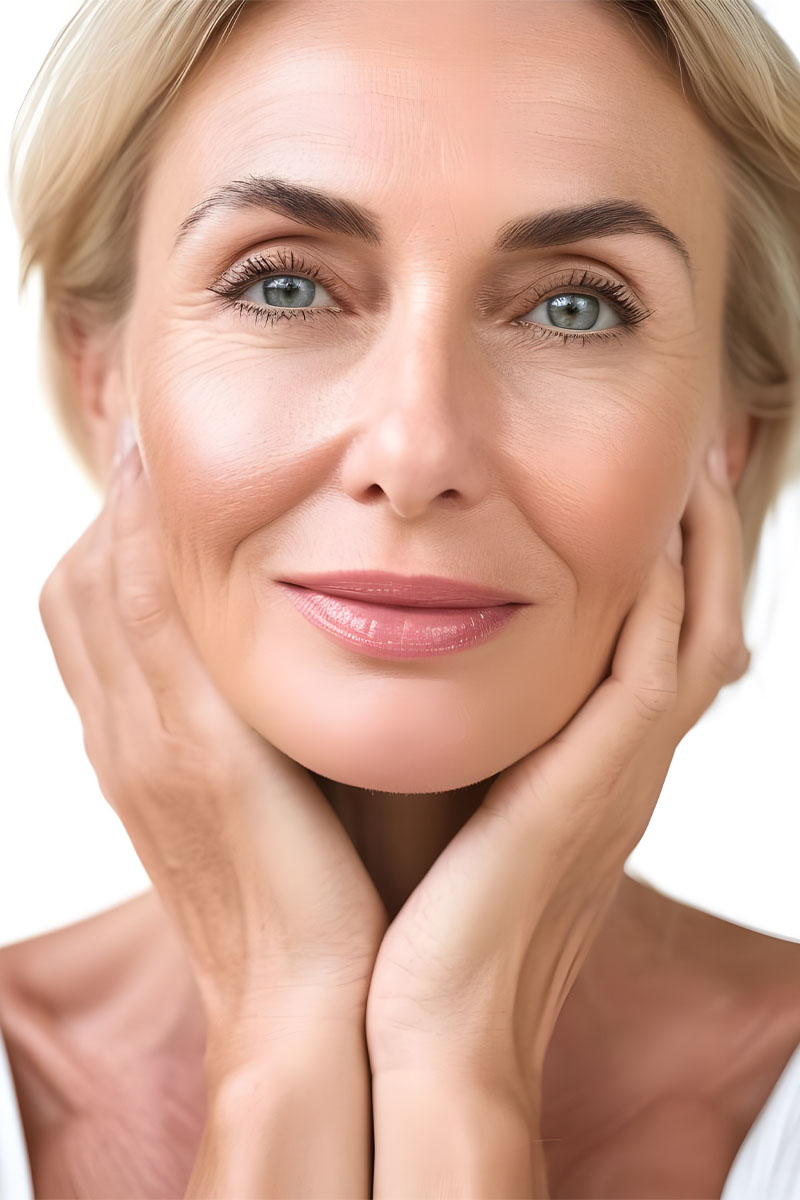 Close-up portrait of a stunning 50s mature woman with glowing skin